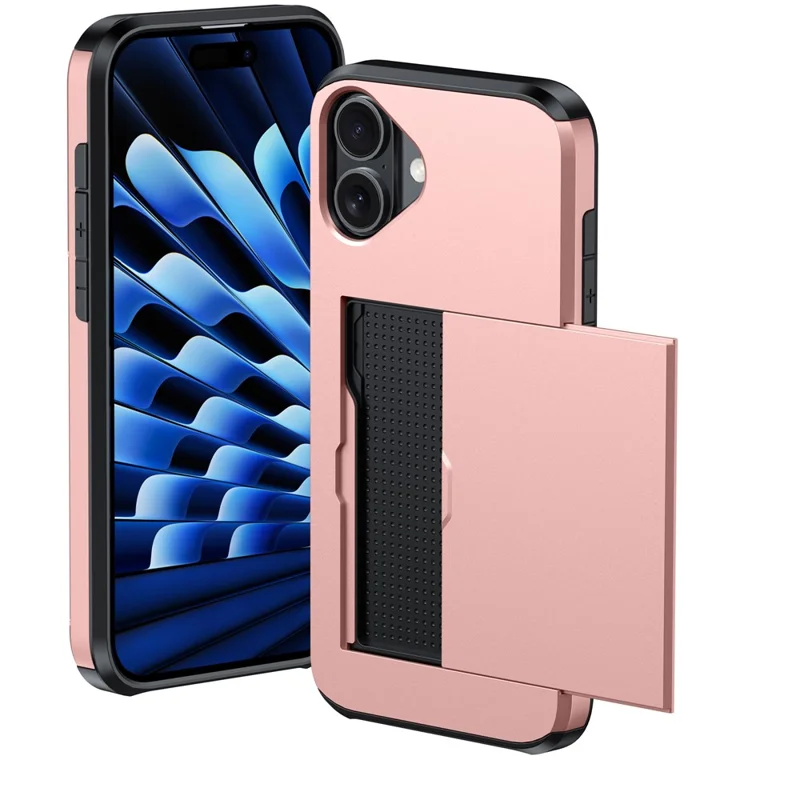 For iPhone 17 Case with Card Holder TPU + PC Phone Back Cover - Rose Gold