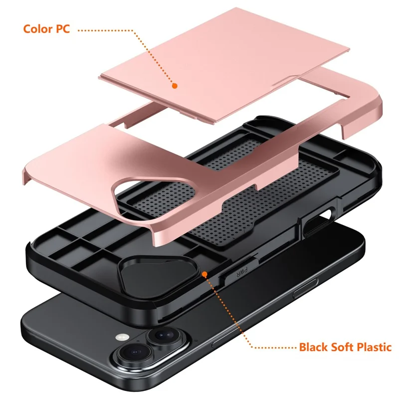 For iPhone 17 Case with Card Holder TPU + PC Phone Back Cover - Rose Gold