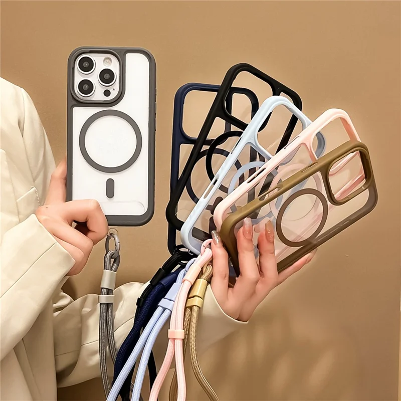 Voor iPhone 16 Pro hoesje Magnetisch hoesje met bandje PC + TPU Stootvaste telefoonhoes - Zwart