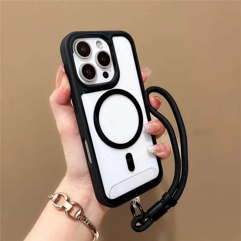 For iPhone 16 Pro Max Case Magnetic Case with Strap PC + TPU Shockproof Phone Cover - Black