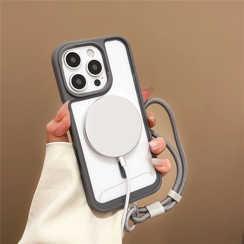 For iPhone 16 Pro Max Case Magnetic Case with Strap PC + TPU Shockproof Phone Cover - Black