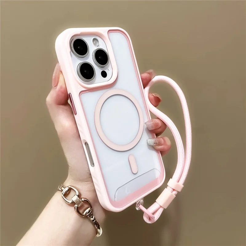 For iPhone 16 Pro Max Case Magnetic Case with Strap PC + TPU Shockproof Phone Cover - Pink