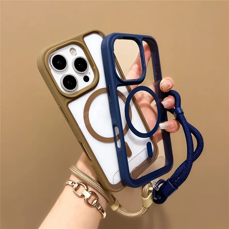 For iPhone 16 Pro Max Case Magnetic Case with Strap PC + TPU Shockproof Phone Cover - Pink