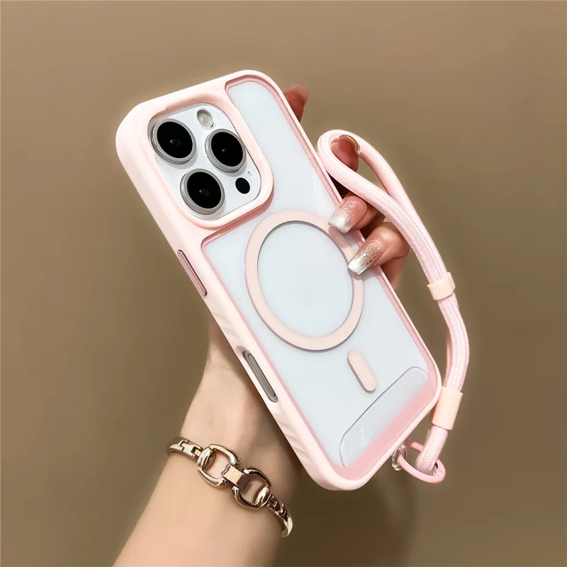 For iPhone 16 Pro Max Case Magnetic Case with Strap PC + TPU Shockproof Phone Cover - Pink