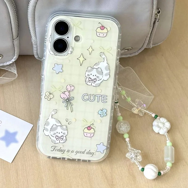 Étui pour iPhone 16 avec design de chat mignon en TPU, avec bracelet - Jaune