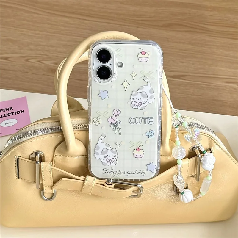 Étui pour iPhone 16 avec design de chat mignon en TPU, avec bracelet - Jaune