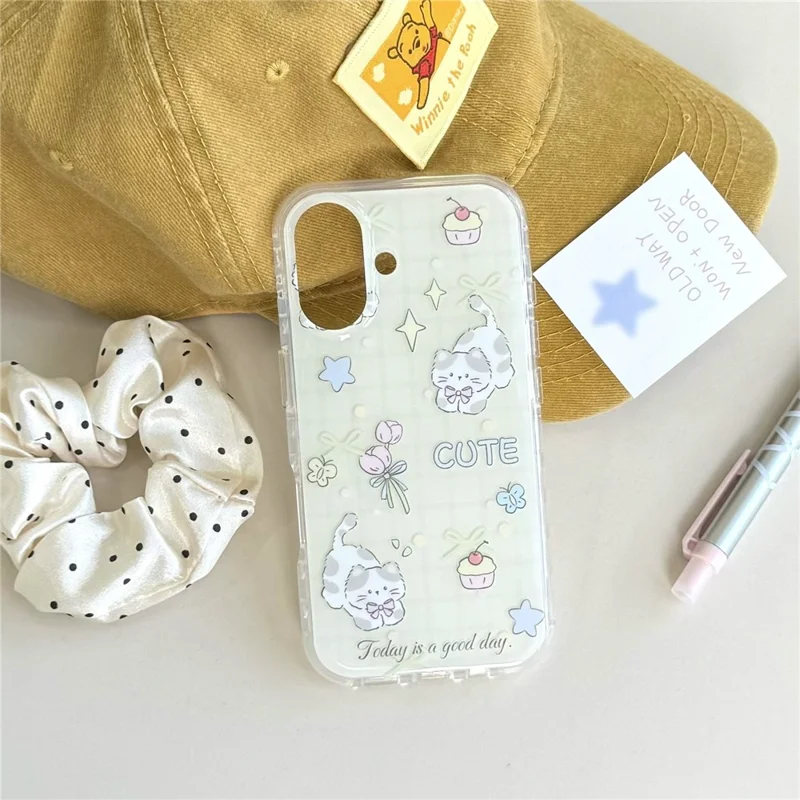 Étui pour iPhone 16 avec design de chat mignon en TPU, avec bracelet - Jaune