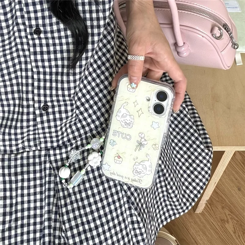 Étui pour iPhone 16 avec design de chat mignon en TPU, avec bracelet - Jaune