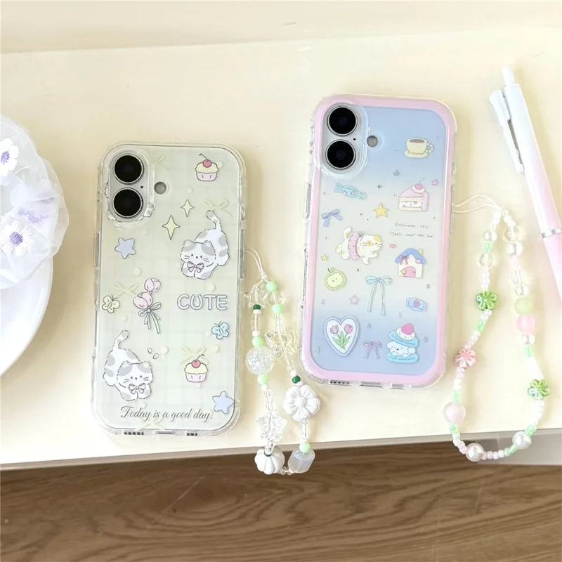 Étui pour iPhone 16 avec design de chat mignon en TPU, avec bracelet - Jaune