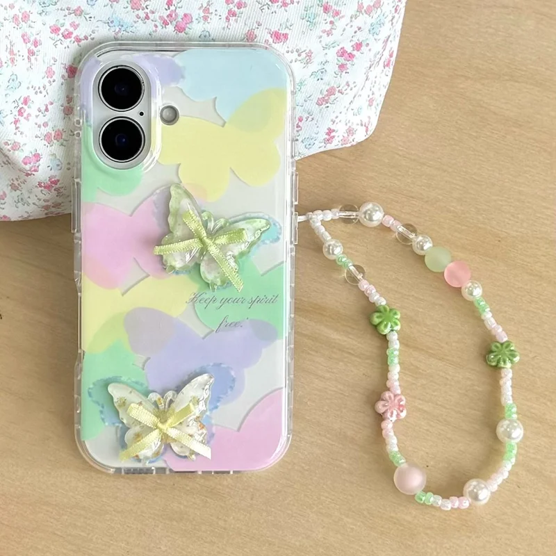 Funda para iPhone 16 con Diseño de Mariposa 3D IMD, Funda de Teléfono TPU con Correa de Cuentas