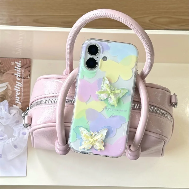 Funda para iPhone 16 con Diseño de Mariposa 3D IMD, Funda de Teléfono TPU con Correa de Cuentas