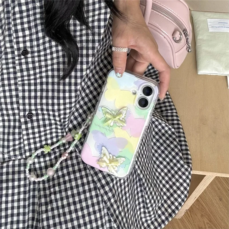 Funda para iPhone 16 con Diseño de Mariposa 3D IMD, Funda de Teléfono TPU con Correa de Cuentas