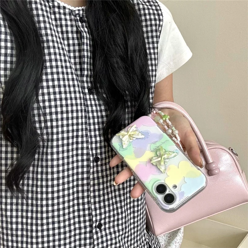 Funda para iPhone 16 con Diseño de Mariposa 3D IMD, Funda de Teléfono TPU con Correa de Cuentas