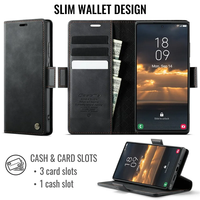 CASEME Série 033 Para Samsung Galaxy Note20 Ultra 5G / Note20 Ultra Capa Carteira Bloqueio RFID com Suporte, Textura de Couro de Bezerro - Preto