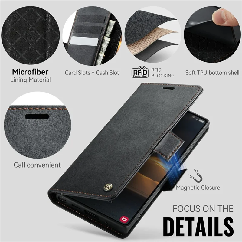 CASEME Série 033 Para Samsung Galaxy Note20 Ultra 5G / Note20 Ultra Capa Carteira Bloqueio RFID com Suporte, Textura de Couro de Bezerro - Preto