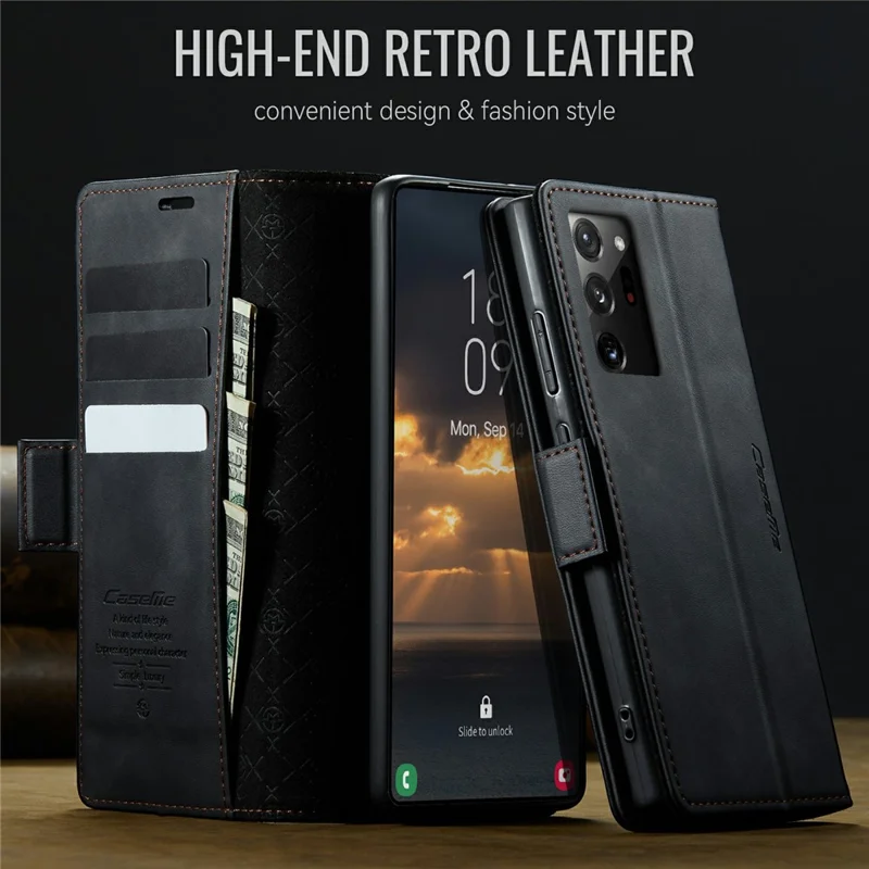 CASEME Série 033 Para Samsung Galaxy Note20 Ultra 5G / Note20 Ultra Capa Carteira Bloqueio RFID com Suporte, Textura de Couro de Bezerro - Preto