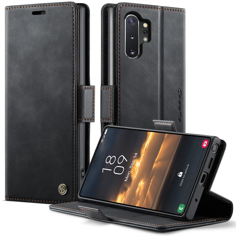 CASEME Série 033 para Samsung Galaxy Note10+ 5G / 4G Capa Carteira Bloqueador RFID com Suporte - Textura de Couro de Bezerro - Preto