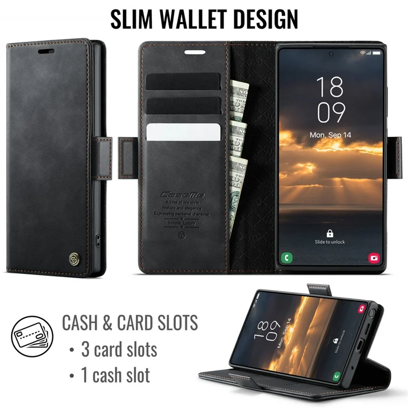 CASEME Série 033 para Samsung Galaxy Note10+ 5G / 4G Capa Carteira Bloqueador RFID com Suporte - Textura de Couro de Bezerro - Preto