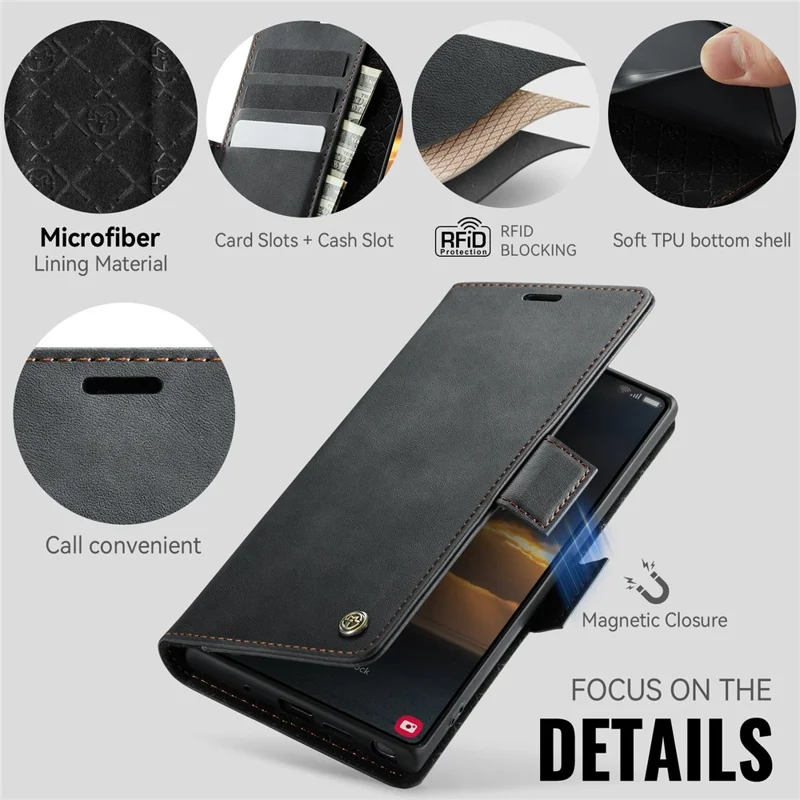 CASEME Série 033 para Samsung Galaxy Note10+ 5G / 4G Capa Carteira Bloqueador RFID com Suporte - Textura de Couro de Bezerro - Preto