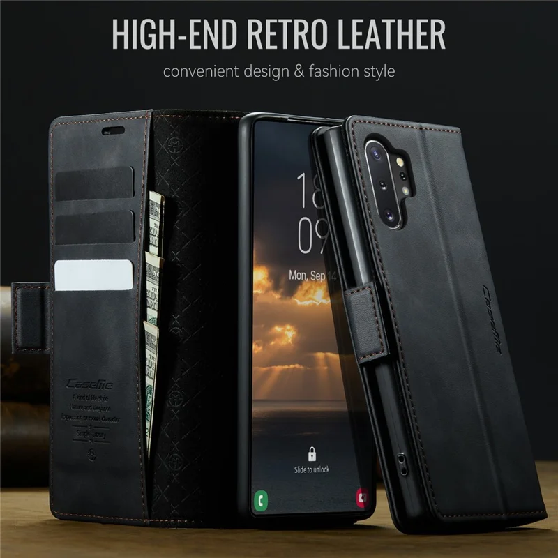 CASEME Série 033 para Samsung Galaxy Note10+ 5G / 4G Capa Carteira Bloqueador RFID com Suporte - Textura de Couro de Bezerro - Preto