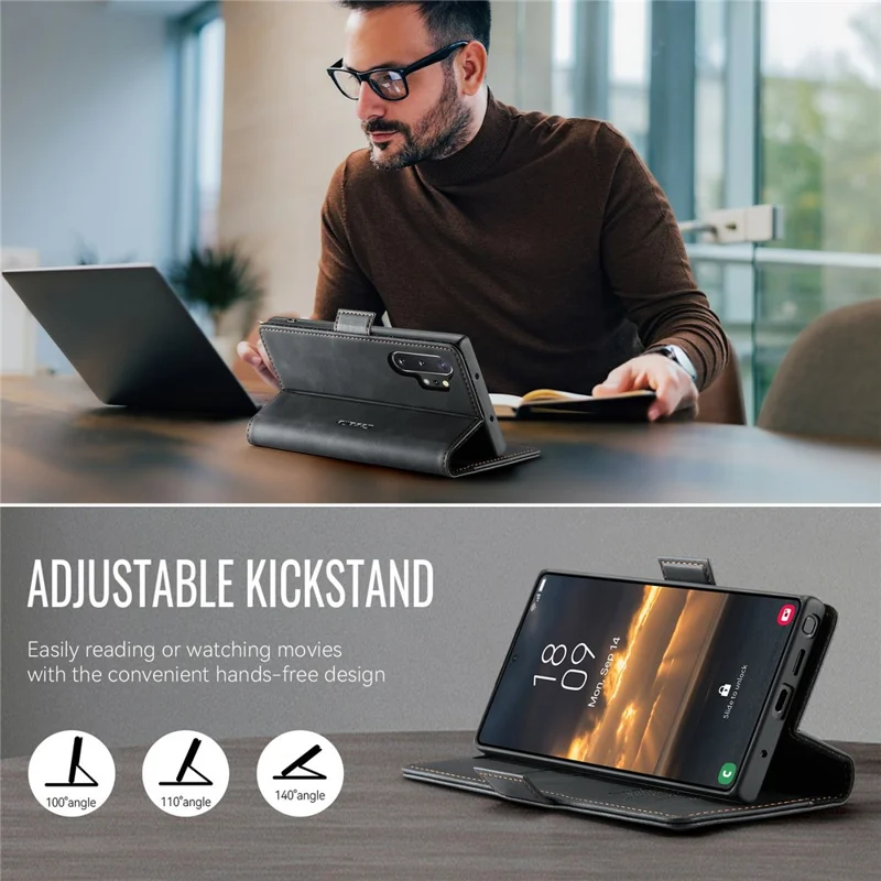 CASEME Série 033 para Samsung Galaxy Note10+ 5G / 4G Capa Carteira Bloqueador RFID com Suporte - Textura de Couro de Bezerro - Preto