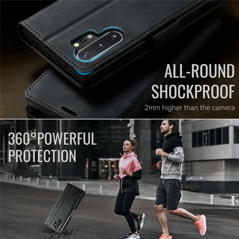 CASEME Série 033 para Samsung Galaxy Note10+ 5G / 4G Capa Carteira Bloqueador RFID com Suporte - Textura de Couro de Bezerro - Preto