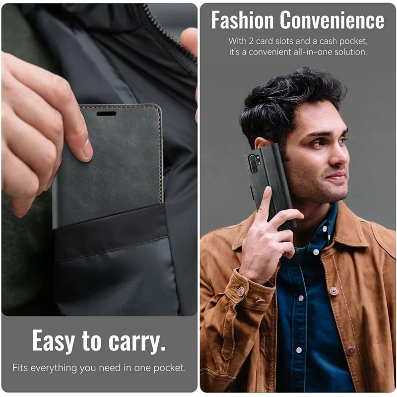 CASEME Série 033 para Samsung Galaxy Note10+ 5G / 4G Capa Carteira Bloqueador RFID com Suporte - Textura de Couro de Bezerro - Preto