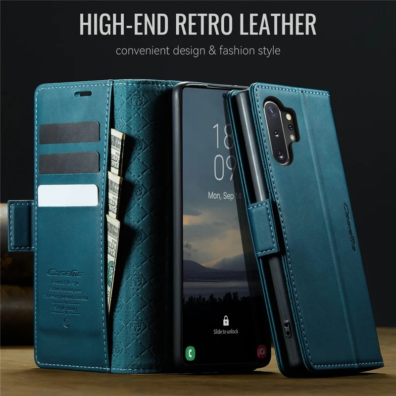 CASEME 033 Series For Samsung Galaxy Note10+ 5G  /  4G Case RFID Blocking Wallet Stand Calf Texture Leather Phone Cover - Blue
