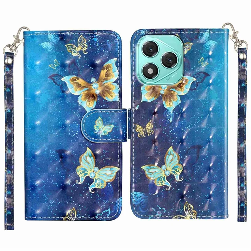 For Honor 400 Lite 5G Wallet Case 3D Pattern Printed Leather Phone Cover with Strap - Blue Gold Butterflies