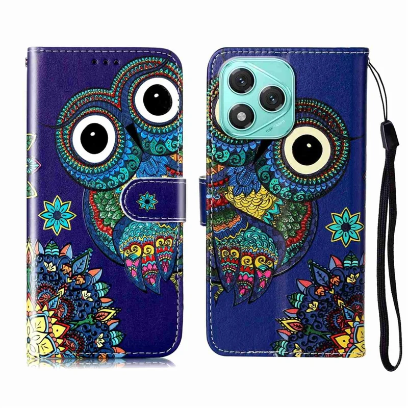 For Honor 400 Lite 5G Case Pattern Leather Wallet Phone Cover with Strap - Blue Owl