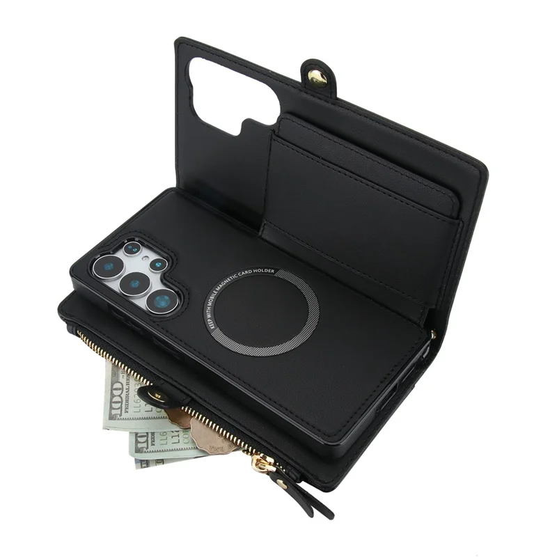 For Samsung Galaxy S25 Ultra Wallet Case Magnetic Detachable PU Leather Phone Cover with 2 Straps - Black