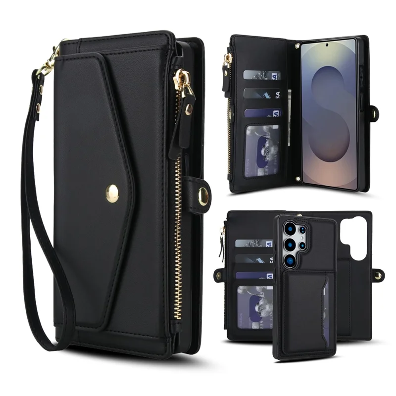 For Samsung Galaxy S24 Ultra Wallet Case Magnetic Detachable PU Leather Phone Cover with 2 Straps - Black