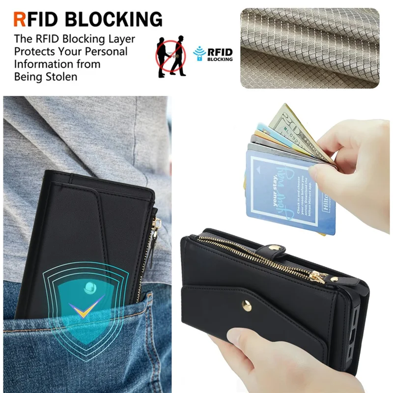 For Samsung Galaxy S24 Ultra Wallet Case Magnetic Detachable PU Leather Phone Cover with 2 Straps - Black