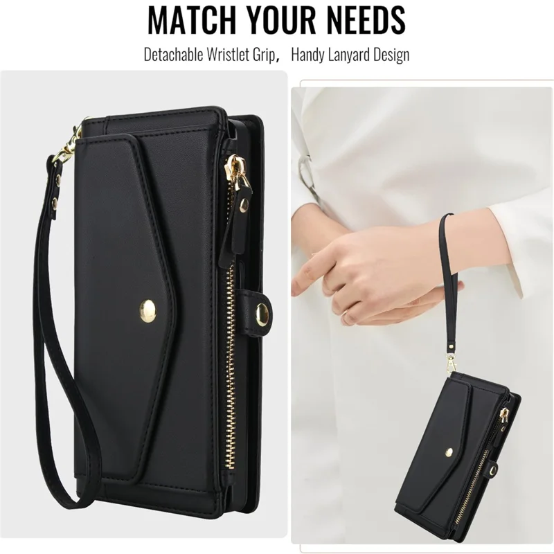 For Samsung Galaxy S24 Ultra Wallet Case Magnetic Detachable PU Leather Phone Cover with 2 Straps - Black
