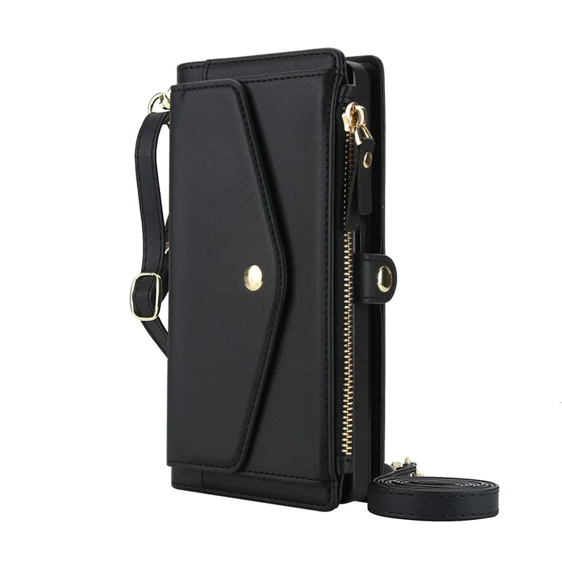 For Samsung Galaxy S24 Ultra Wallet Case Magnetic Detachable PU Leather Phone Cover with 2 Straps - Black