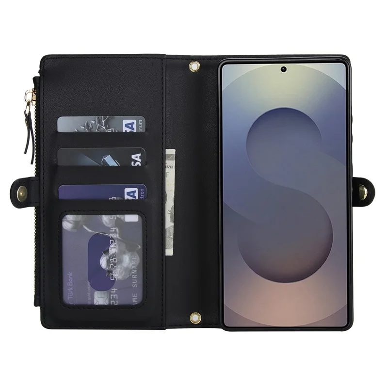 For Samsung Galaxy S24 Ultra Wallet Case Magnetic Detachable PU Leather Phone Cover with 2 Straps - Black