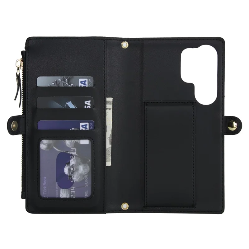 For Samsung Galaxy S24 Ultra Wallet Case Magnetic Detachable PU Leather Phone Cover with 2 Straps - Black