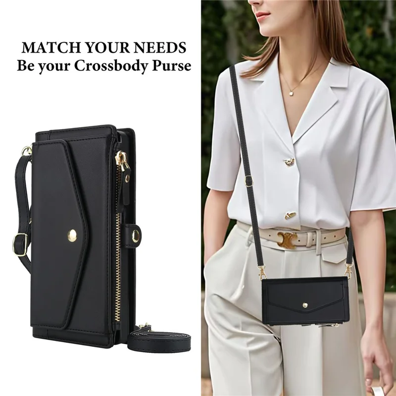For Samsung Galaxy S24 Ultra Wallet Case Magnetic Detachable PU Leather Phone Cover with 2 Straps - Black