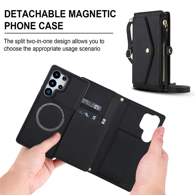 For Samsung Galaxy S24 Ultra Wallet Case Magnetic Detachable PU Leather Phone Cover with 2 Straps - Black