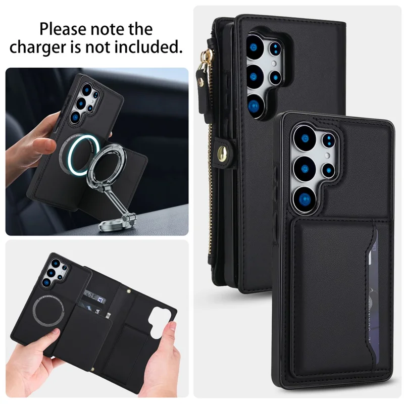 For Samsung Galaxy S24 Ultra Wallet Case Magnetic Detachable PU Leather Phone Cover with 2 Straps - Black