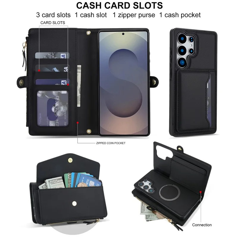 For Samsung Galaxy S24 Ultra Wallet Case Magnetic Detachable PU Leather Phone Cover with 2 Straps - Black
