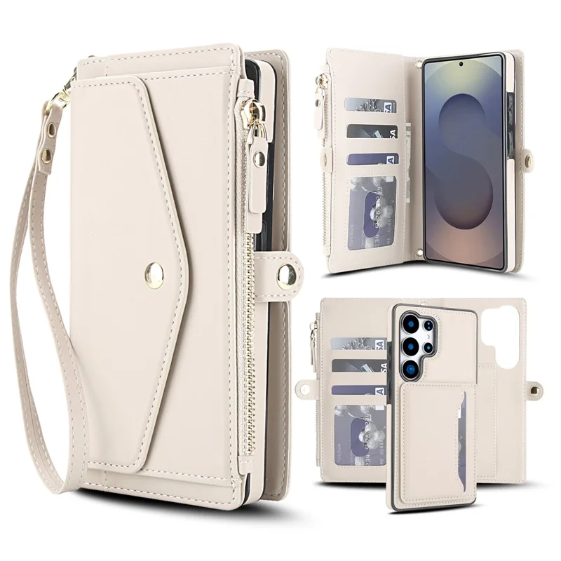 For Samsung Galaxy S24 Ultra Wallet Case Magnetic Detachable PU Leather Phone Cover with 2 Straps - White
