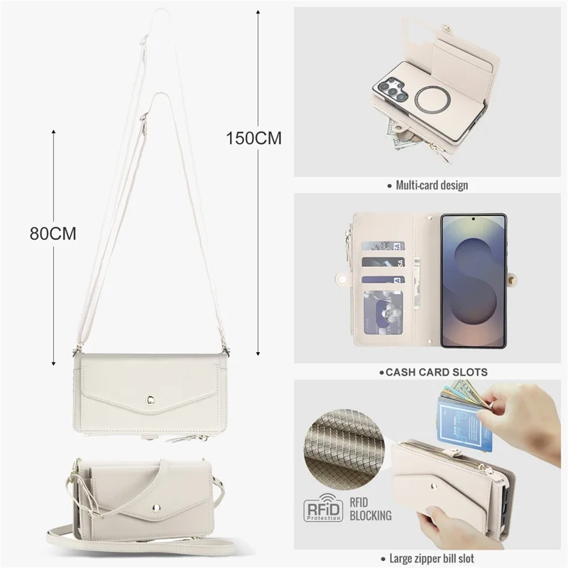 For Samsung Galaxy S24 Ultra Wallet Case Magnetic Detachable PU Leather Phone Cover with 2 Straps - White