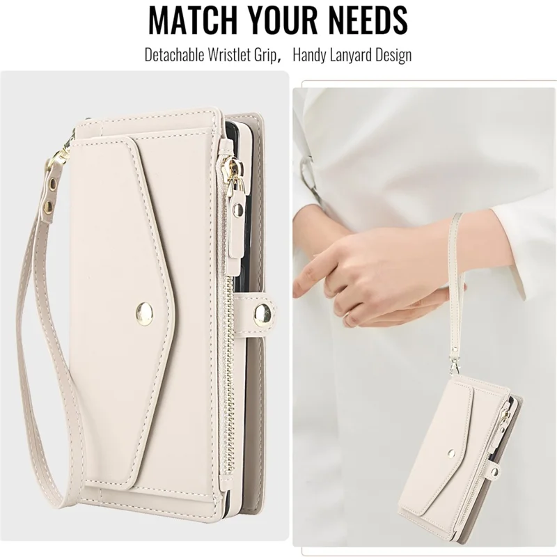 For Samsung Galaxy S24 Ultra Wallet Case Magnetic Detachable PU Leather Phone Cover with 2 Straps - White