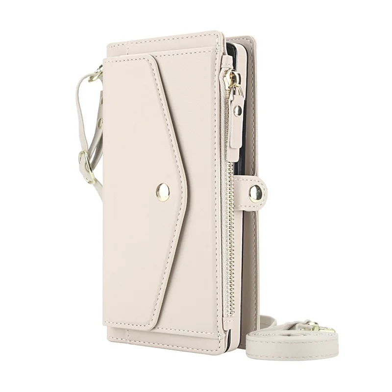 For Samsung Galaxy S24 Ultra Wallet Case Magnetic Detachable PU Leather Phone Cover with 2 Straps - White