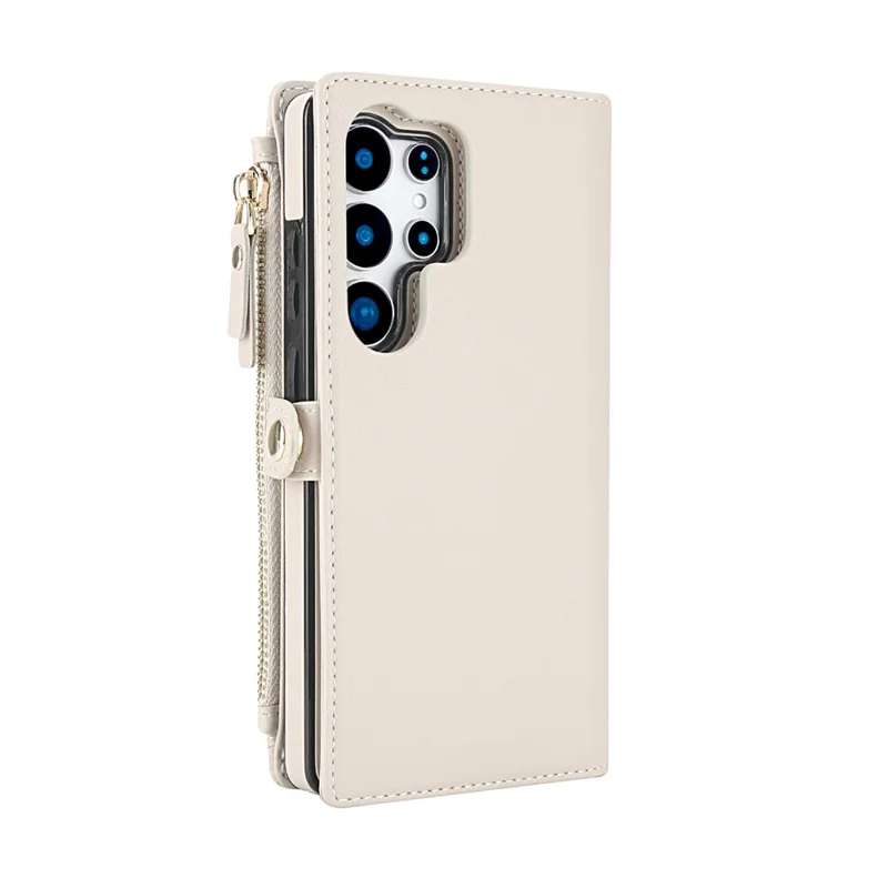 For Samsung Galaxy S24 Ultra Wallet Case Magnetic Detachable PU Leather Phone Cover with 2 Straps - White