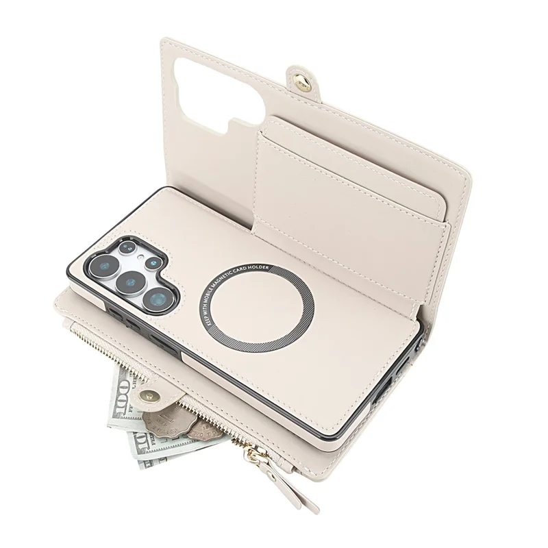 For Samsung Galaxy S24 Ultra Wallet Case Magnetic Detachable PU Leather Phone Cover with 2 Straps - White