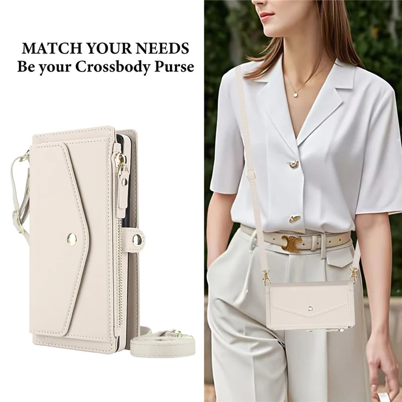 For Samsung Galaxy S24 Ultra Wallet Case Magnetic Detachable PU Leather Phone Cover with 2 Straps - White