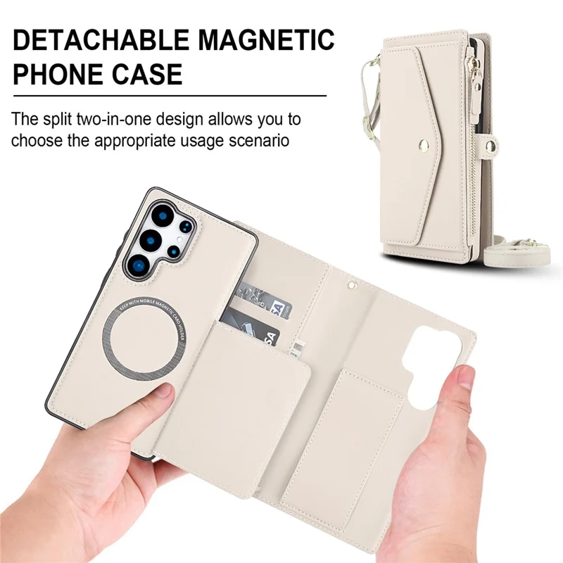 For Samsung Galaxy S24 Ultra Wallet Case Magnetic Detachable PU Leather Phone Cover with 2 Straps - White