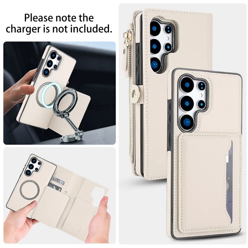 For Samsung Galaxy S24 Ultra Wallet Case Magnetic Detachable PU Leather Phone Cover with 2 Straps - White